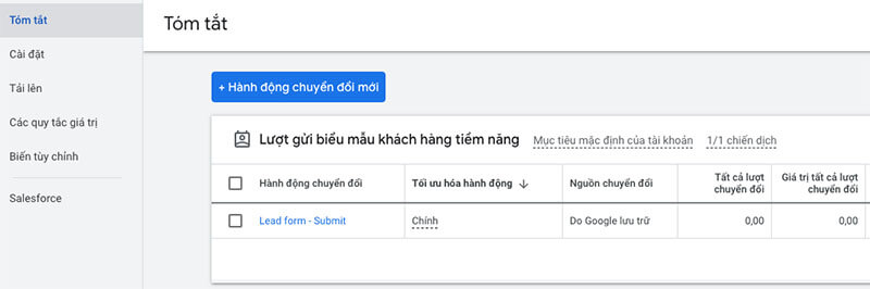 Thiết lập hành động chuyển đổi trong Google Ads.