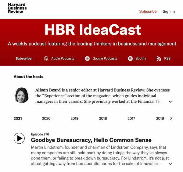 Ví dụ về Podcast Content Marketing trên website HBR.