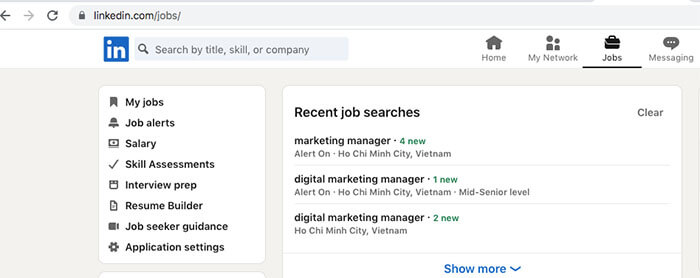 Tính năng tìm kiếm việc làm trên LinkedIn.