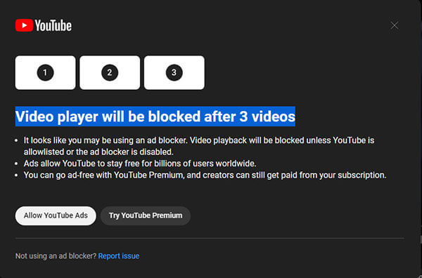 Người dùng YouTube chỉ được xem tối đa 3 video nếu sử dụng trình chặn quảng cáo